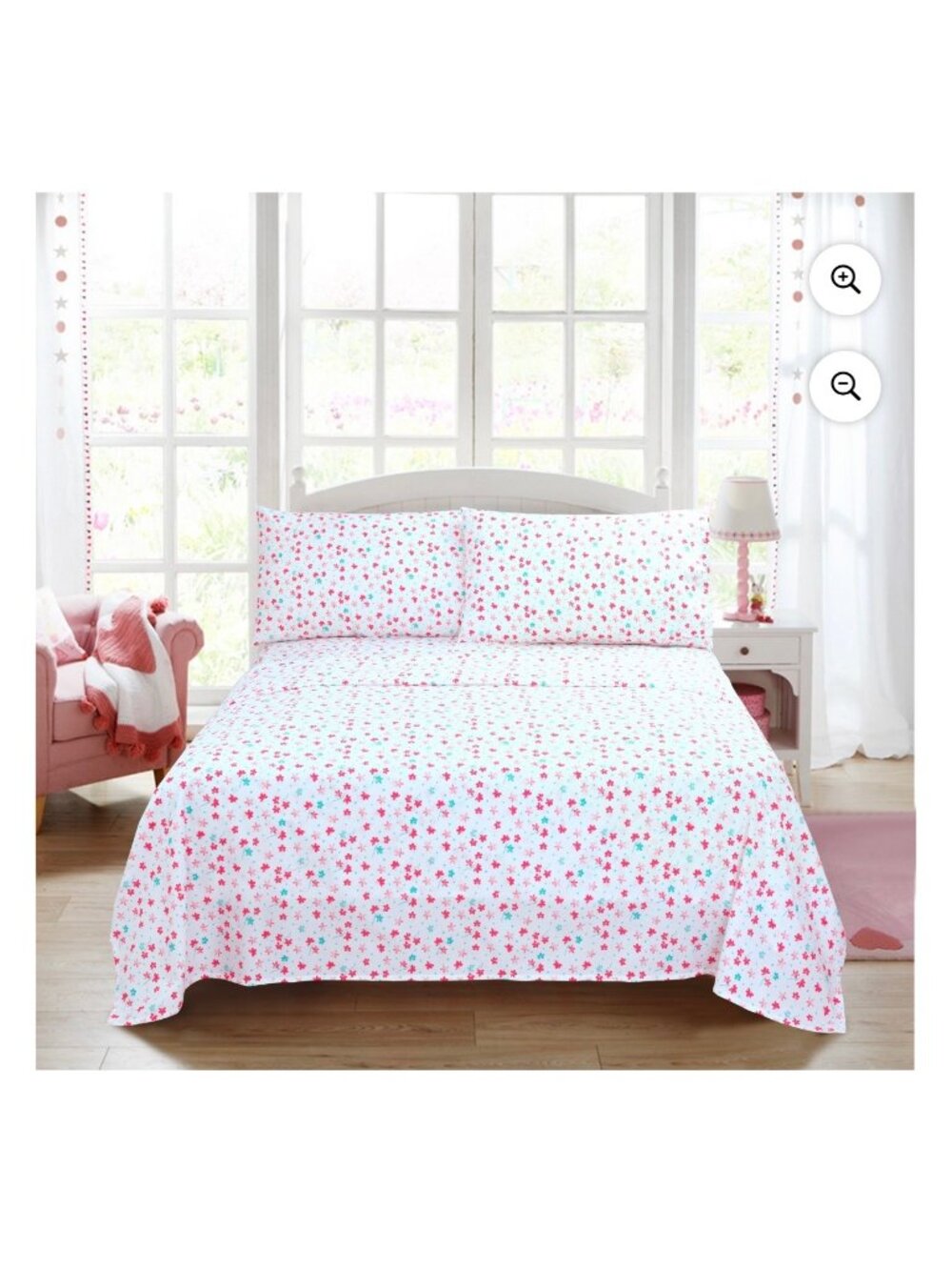 Kids White Floral Print Bedding Sheets, Full